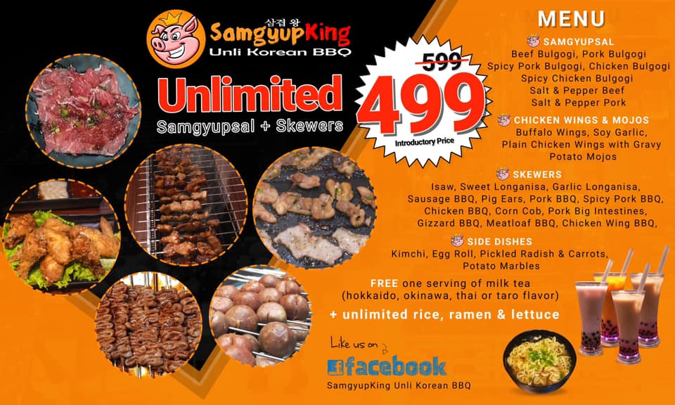 Unlimited Samgyupsal, Skewers, Side Dishes, Chicken Wings, Ramen and a