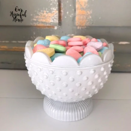 spray painted white hobnail milk glass conversation hearts