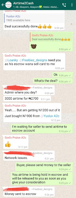 Screenshot of messages in Airtime2cash WhatsApp group