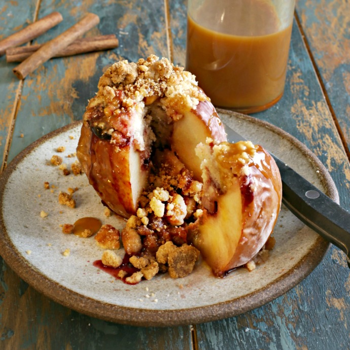 Recipe for apples, filled with jam and crumb topping and baked until soft.