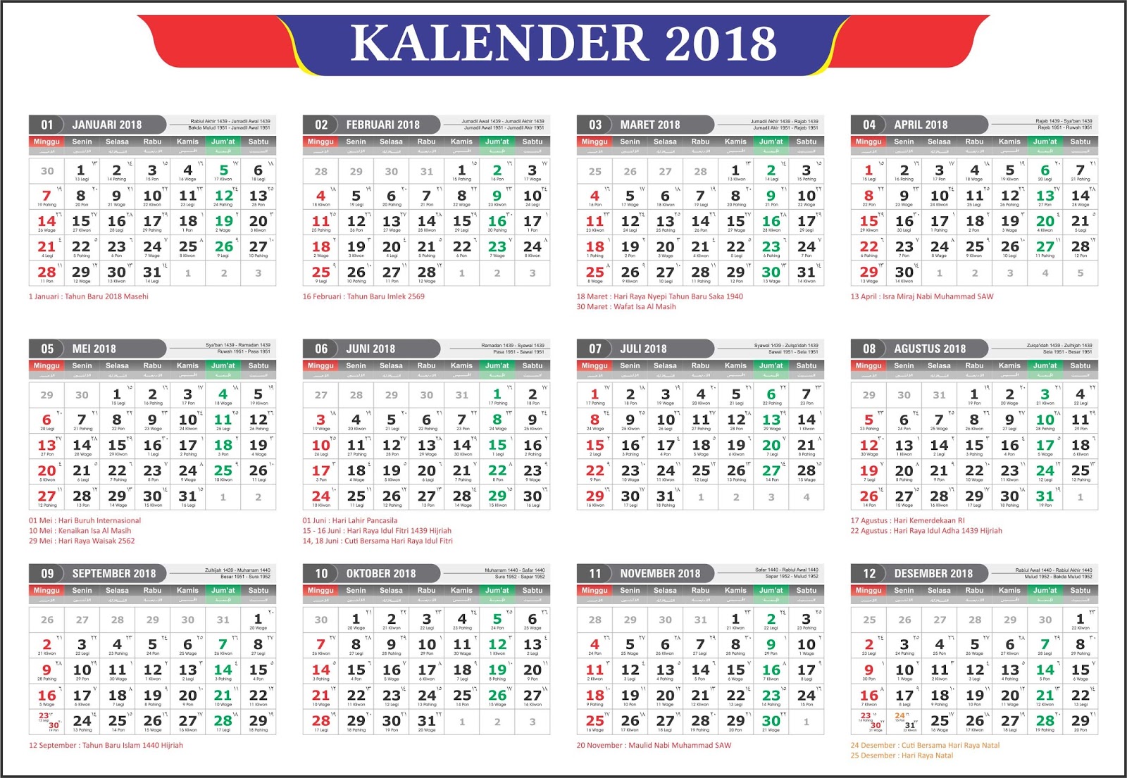 Kalender 2018 Masehi / 1439 Hijriyah Indonesia Lengkap 