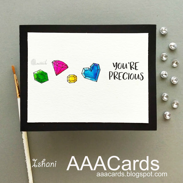 AAA Cards, CAS card, water colouring, Everyday cards, Heffy Doodle - Geology rocks stamp set, Quillish, cards by Ishani, jewel stamp card, diamond card 