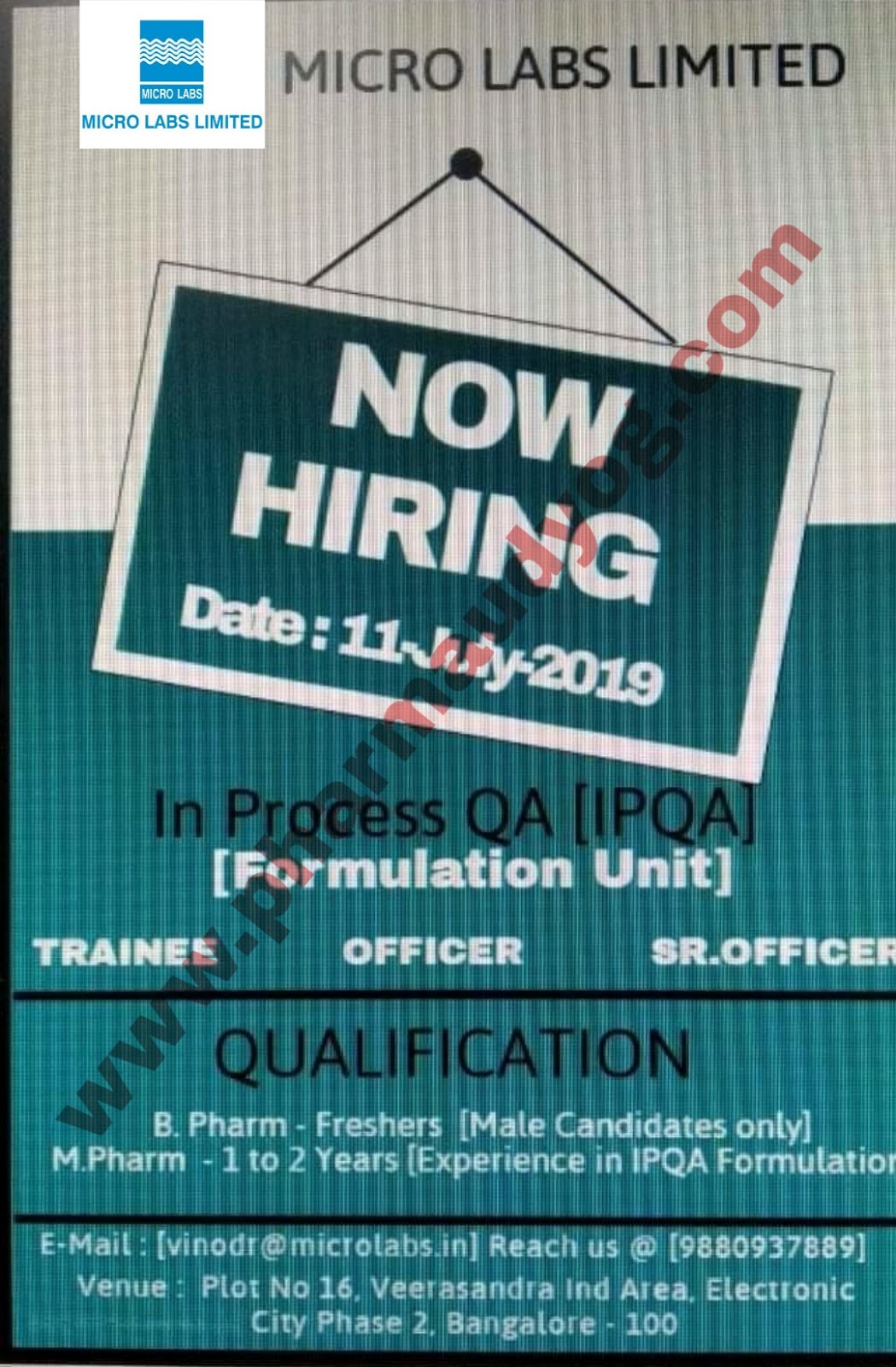 Micro Labs Walkin interview for IPQA Formulations 11 July 2019 Bangalore