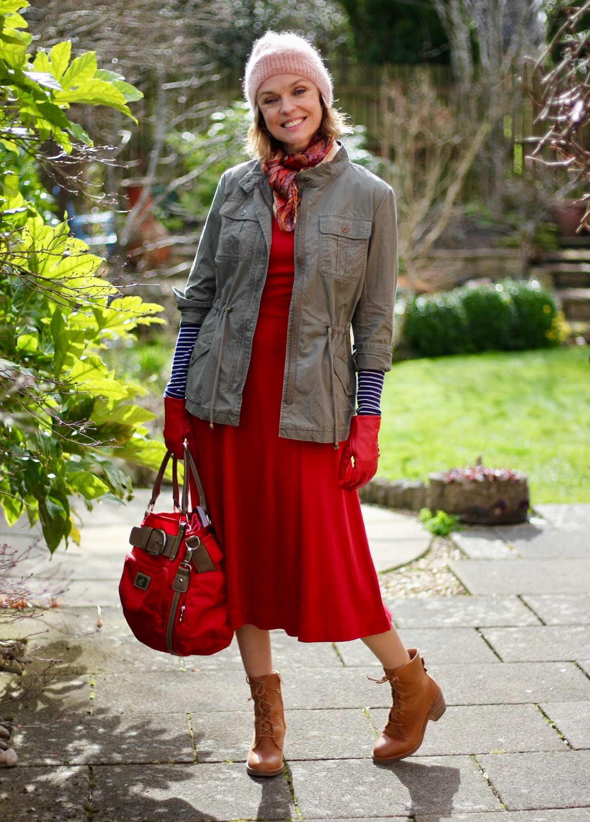 Red midi dress, khaki jacket & tan boots | Spring street style | Fake Fabulous