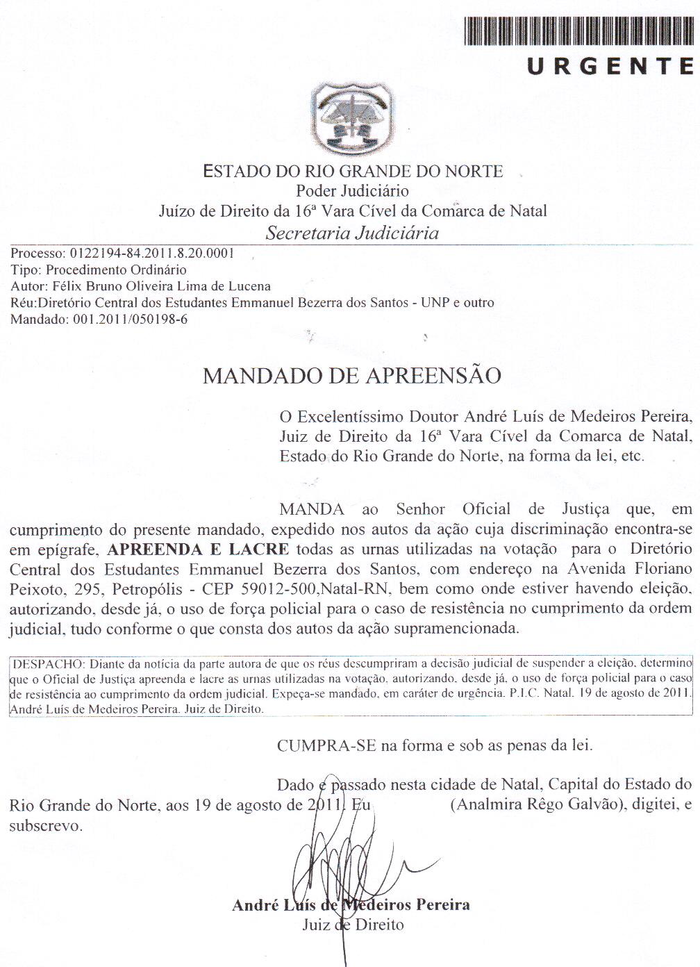 Recebido O Mandado Pelo Oficial De Justica Para Cumprimento