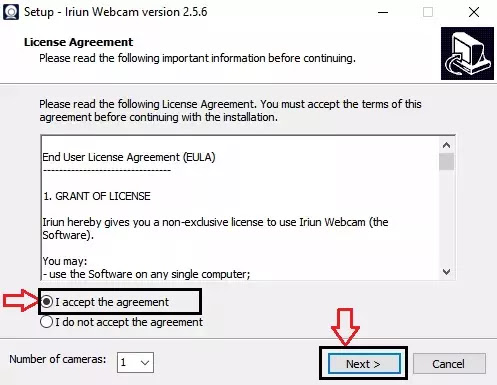accept agreement and tap on next Use Android phone as Webcam