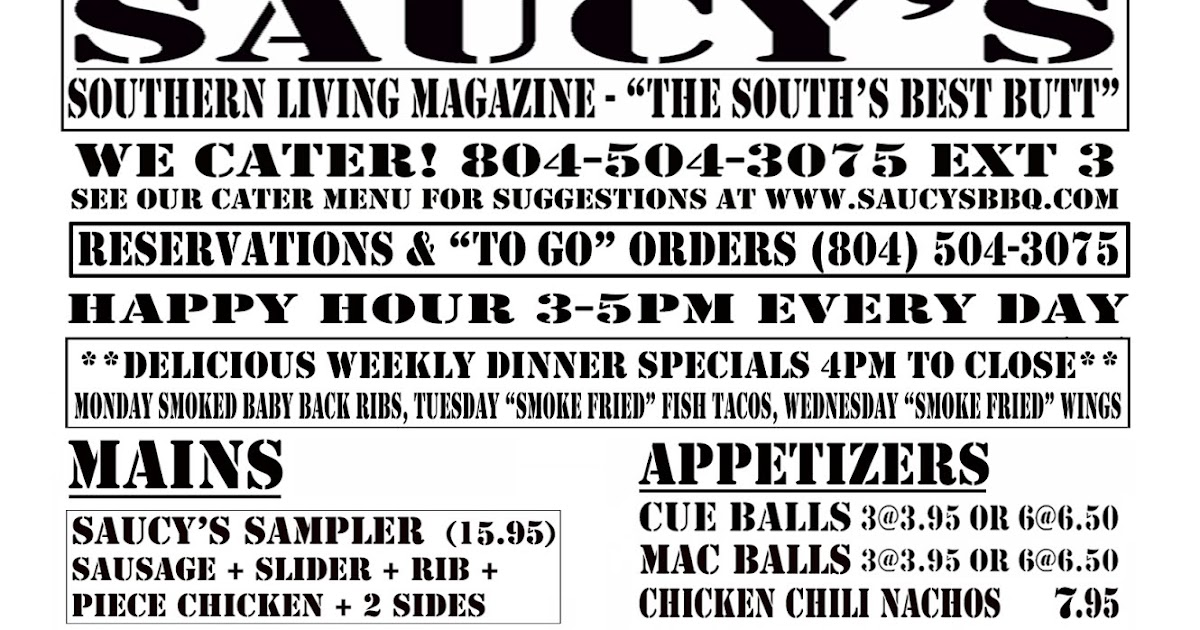 Saucy's WalkUp and SitDown Bar.B.Q. Saucy's SitDown Menu
