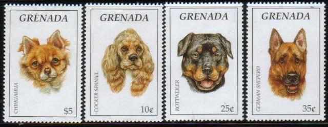 1995年グレナダ チワワ コッカー・スパニエル ロットワイラー ジャーマン・シェパードの切手