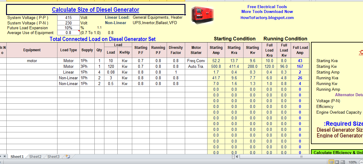 Calculate Size of Diesel Generator. Free Electrical Software and PLC