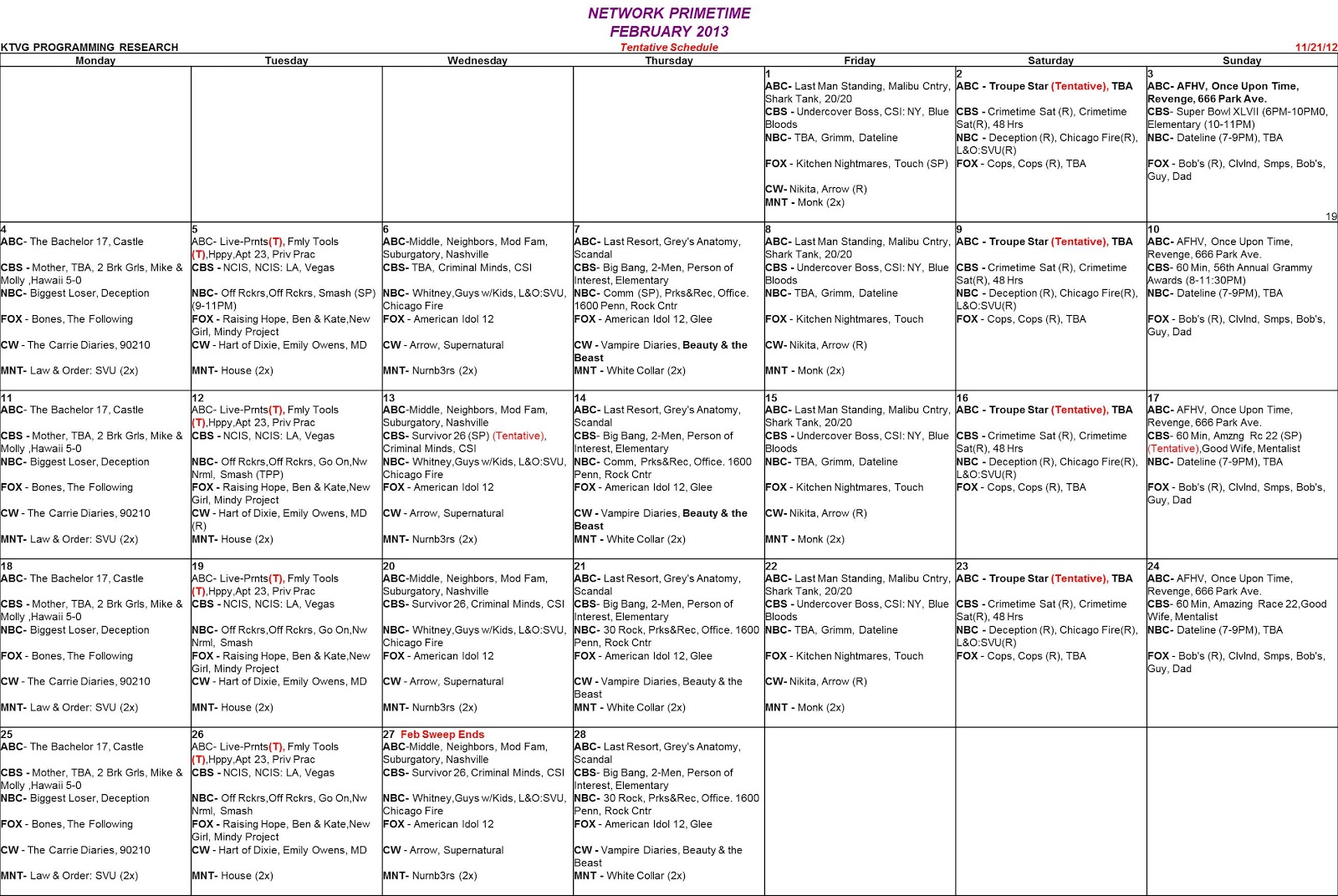 Media Info SLC February 2013 Primetime Network Calendar updated 11