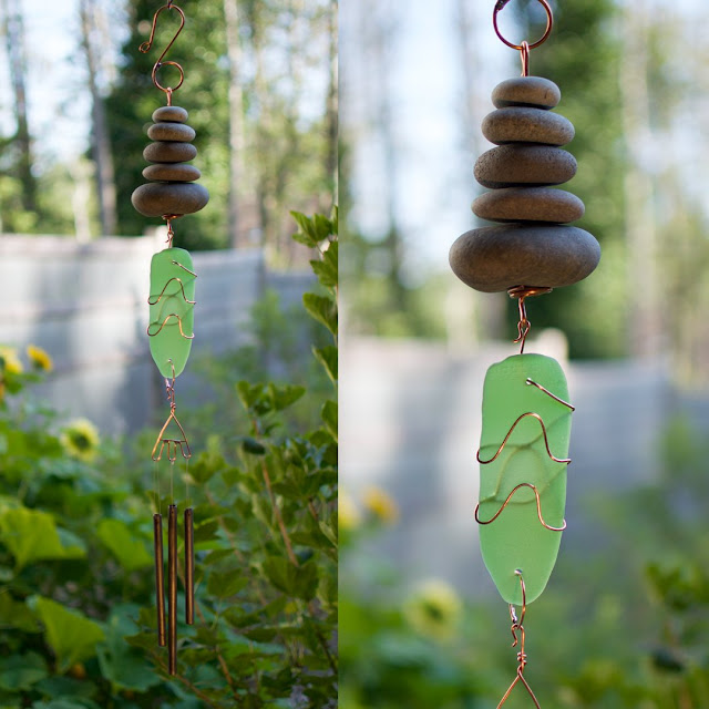 Beach Stones with light green copper wrapped sea glass, brass chimes