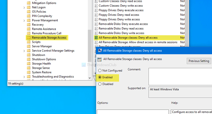 How to disable Removable Storage classes and access in Windows 10