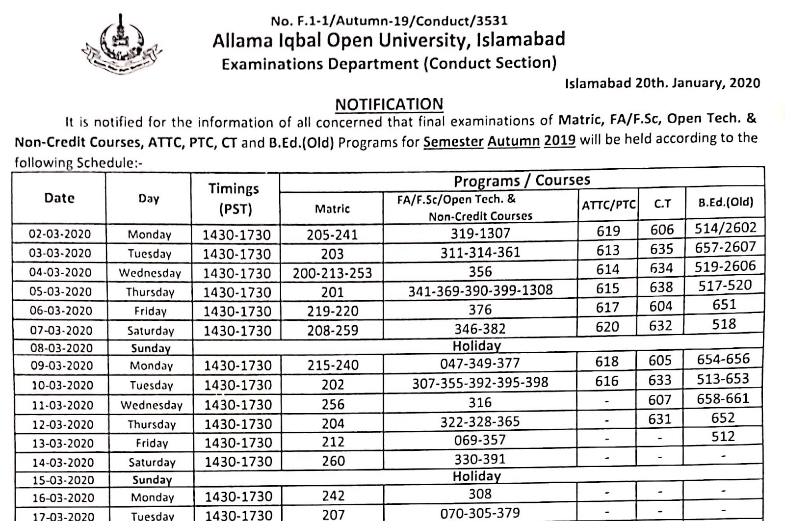 Date Sheet aiou Autumn 2019Matric,FA/F.Sc,Open Tech&Non credit courses,ATTC,PTC,CT and B.Ed