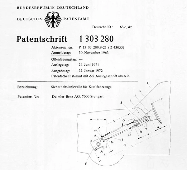 Patente del sistema de columna de dirección colapsable de Béla Barényi
