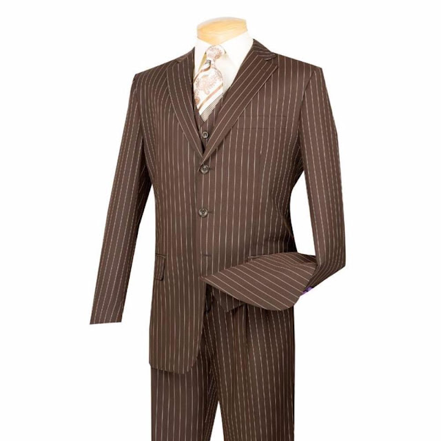 Regular Fit Men's Suit 3 Piece 3 Button Banker Stripe in Brown - 62 Regular - 57 Waist/ Brown