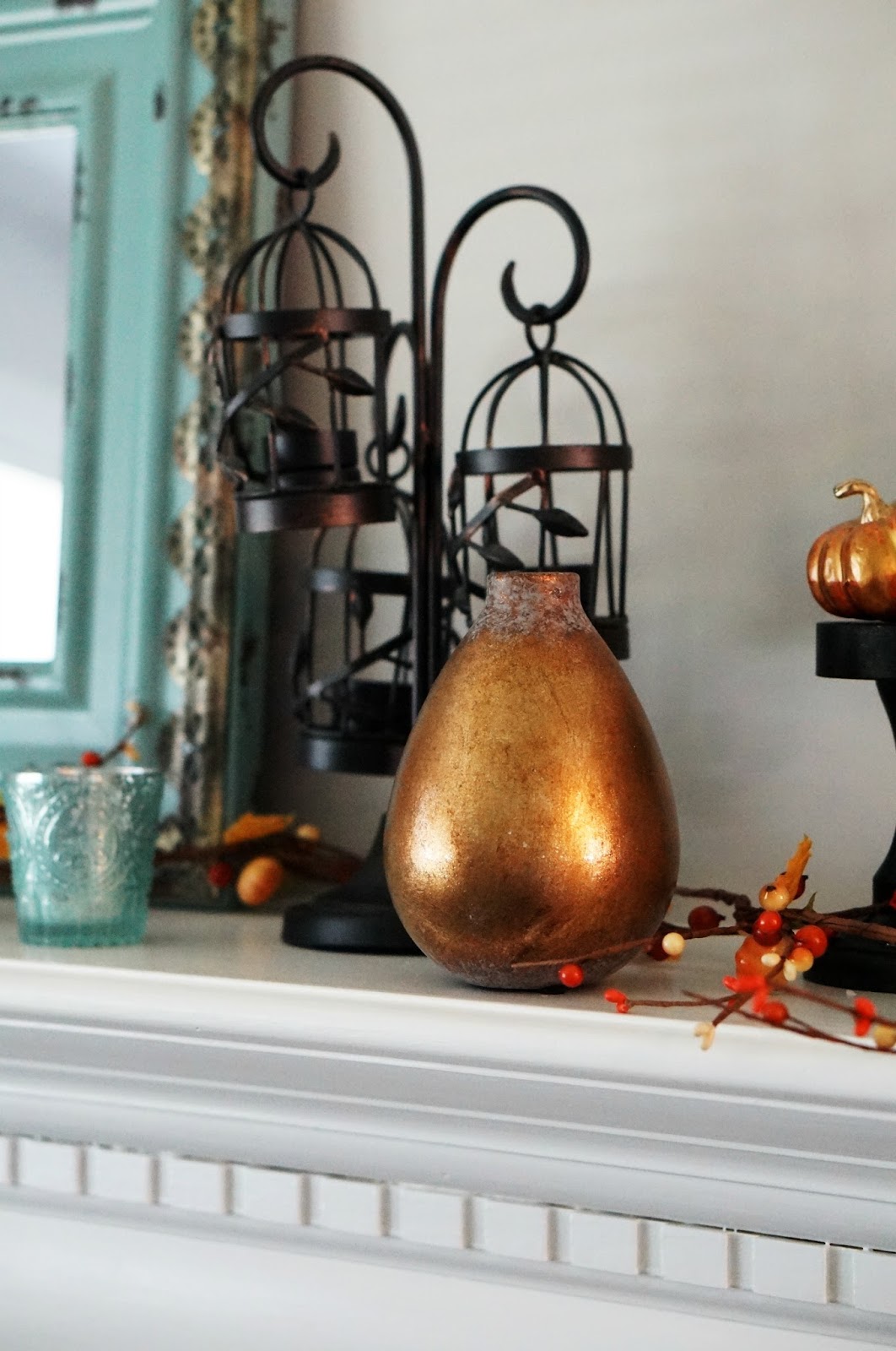 Rebecca Lately Fall Decor 2016 Fall Mantel in Orange Turquoise Bronze Mirror Garland Leaves Large Mantel