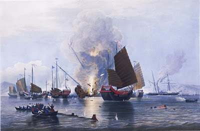 British warships destroying Chinese junks in Anson Bay during the Opium War