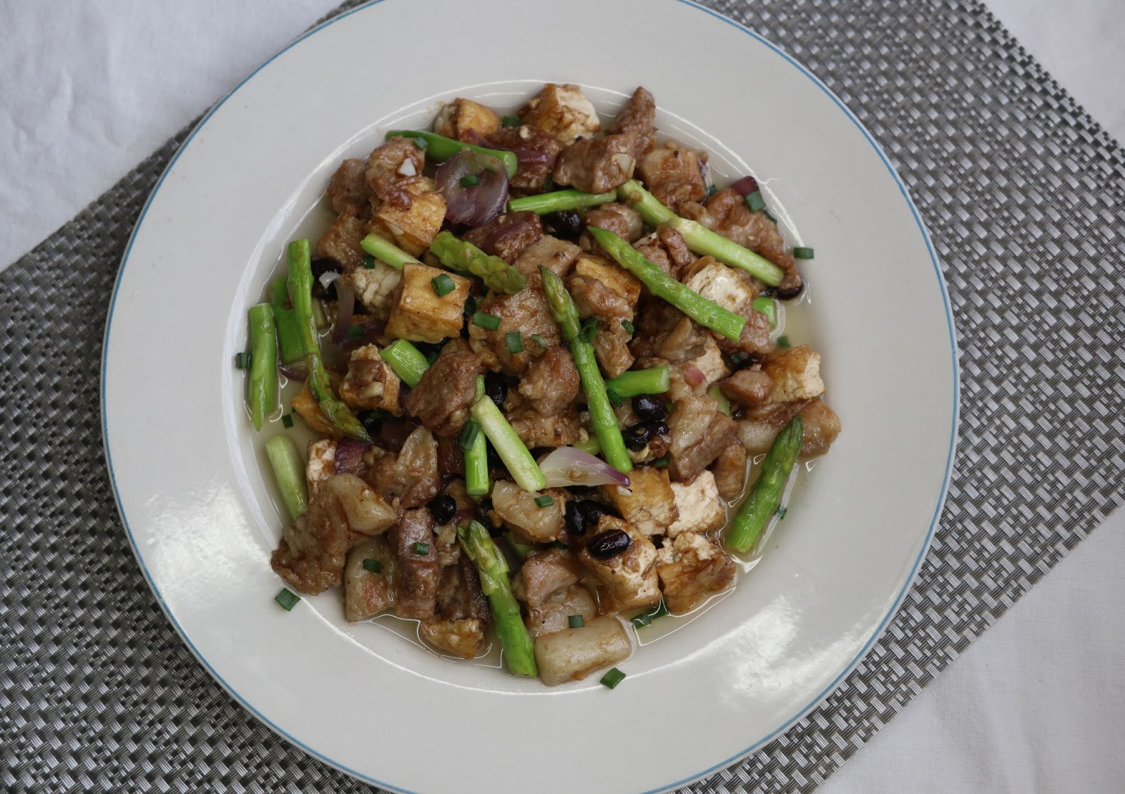 bitsenpieces Pork Belly Tofu with Black Beans and Asparagus