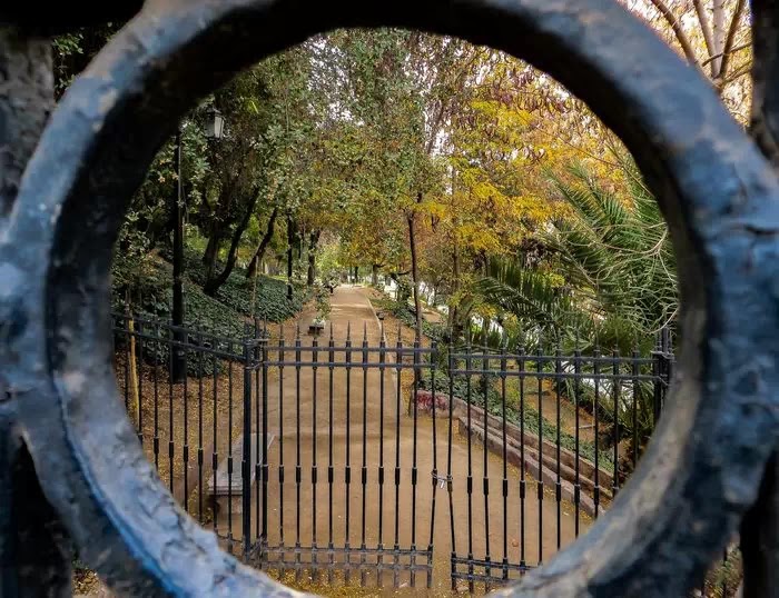 Фотография парка видна через круглую часть ворот 