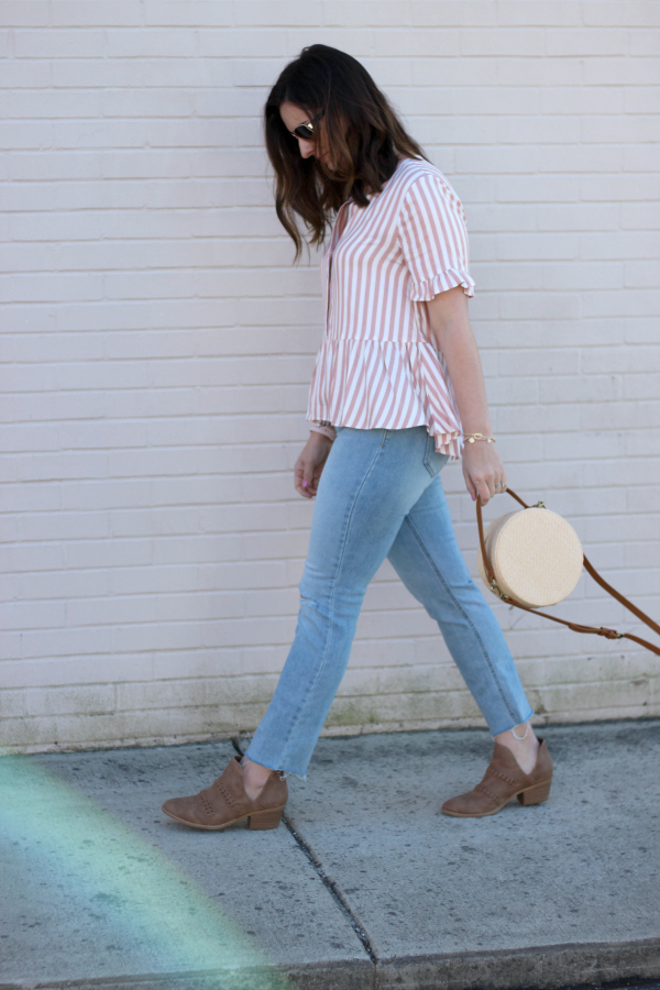 style on a budget, spring style, north carolina blogger, mom style, striped peplum top, round straw bag, best jeans for moms