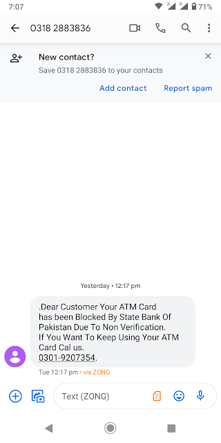 message is displayed which is sent by the scammer to unblock blocked ATM Card