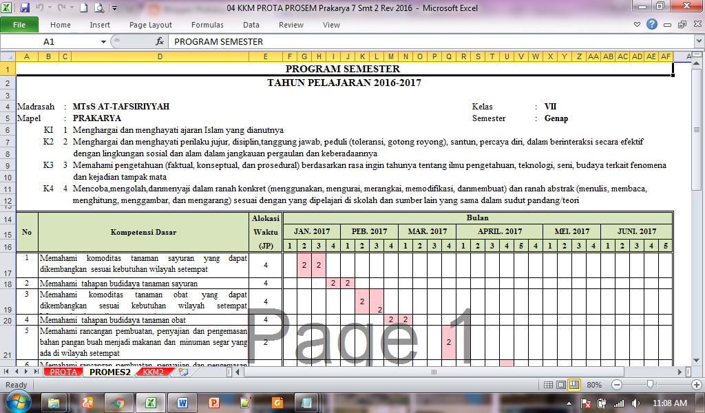 Program Semester Genap (Prosem/Promes) Prakarya Kelas 7 MTs/SMP