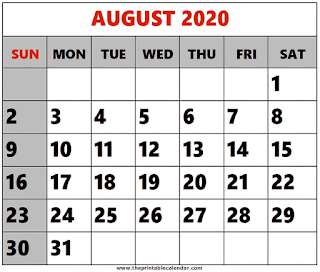 Free Printable Calendar August 2020
