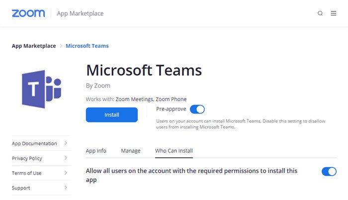 Instalación con aprobación previa de Zoom Microsoft Teams