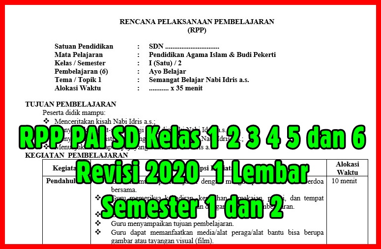 RPP PAI SD Kelas 1 2 3 4 5 dan 6 Revisi 2020 1 Lembar
