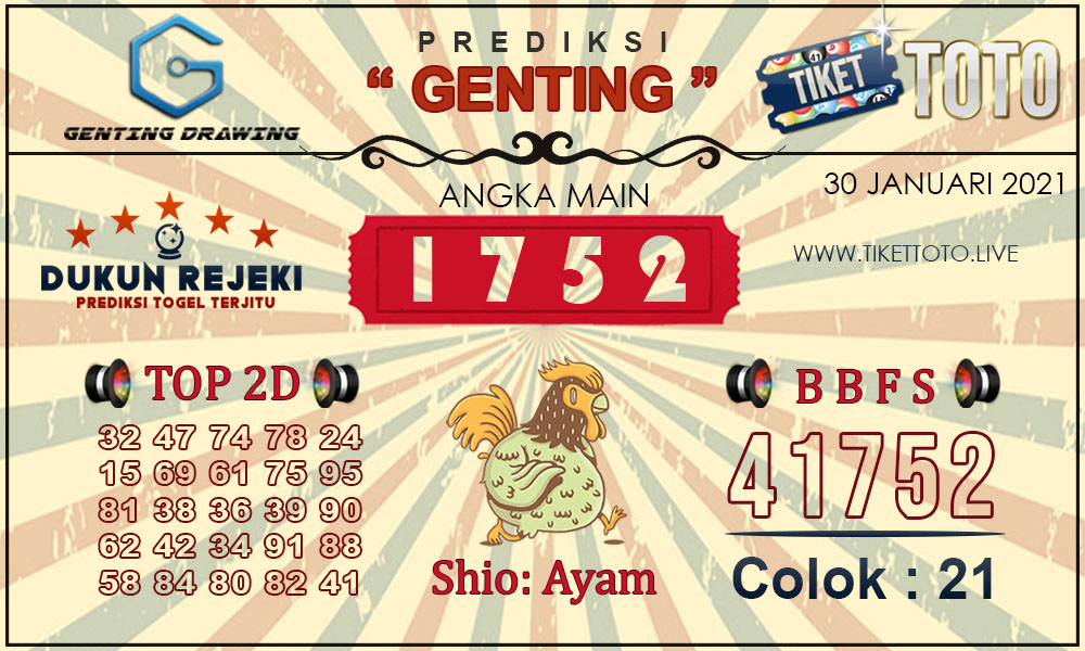Prediksi Togel GENTING DRAWING TIKETTOTO 30 JANUARI 2021