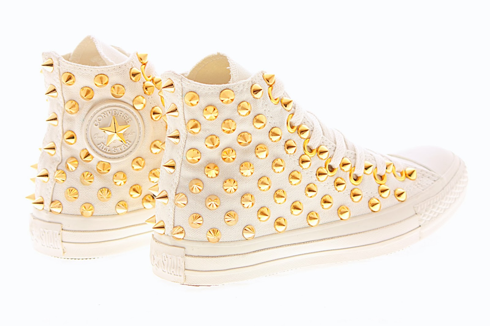 Studs and Spikes: Studded Converse, Gold Cone Studs with all white converse high top by CUSTOMDUO