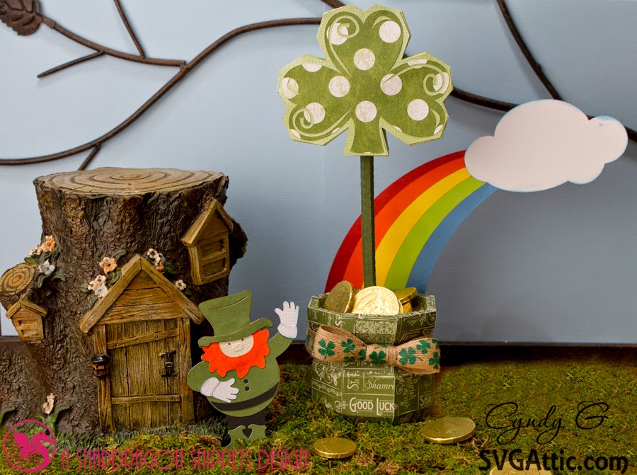 Woodland scene with leprechaun and pot of gold