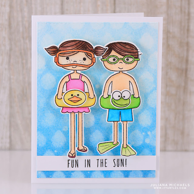 Fun In The Sun Summer Pool Party Card by Juliana Michaels featuring Simons Says Stamps Pool Party stamp set, watercoloring and stencil embossed background technique