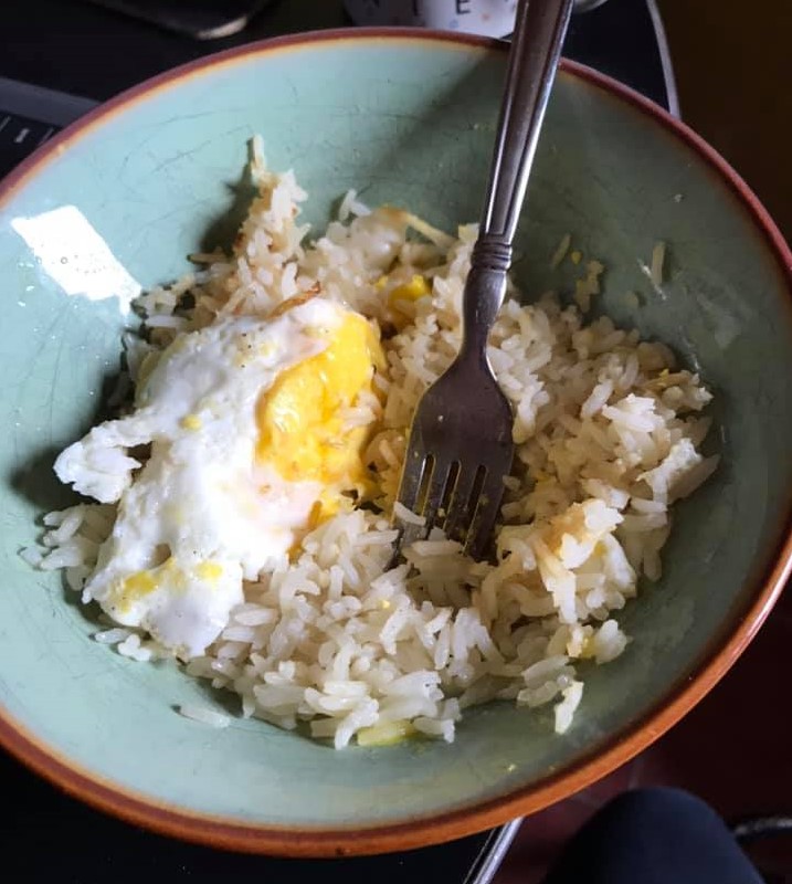 Eggs over rice for a simple quarantine meal