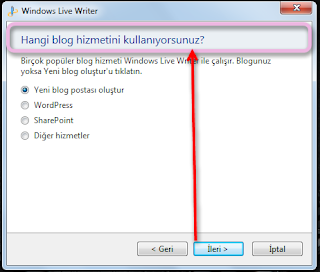 3.Windows Live Writer ile kullanmak istediğiniz hizmet