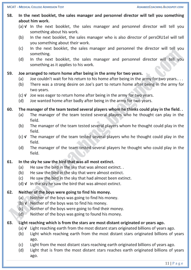 Adamjee Coaching: MCAT English - [Sentence Correction] Mcqs for Medical