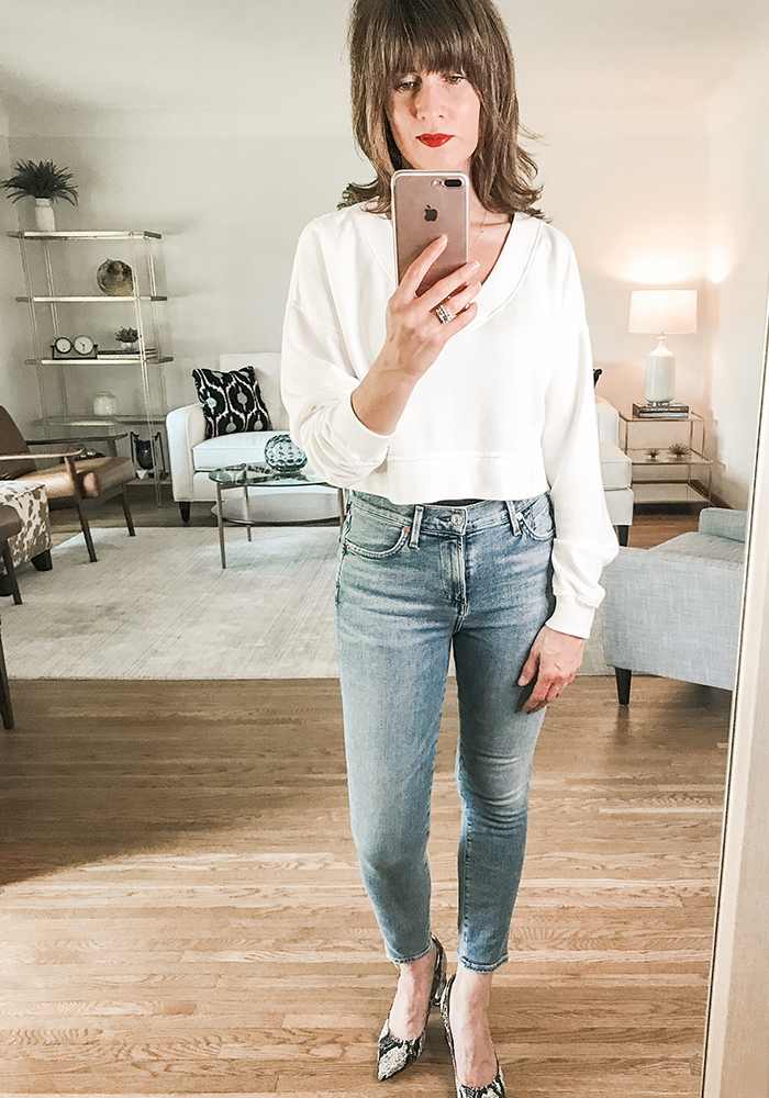 abercrombie sweatshirt, citizens of humanity jeans, marc fisher snake pumps