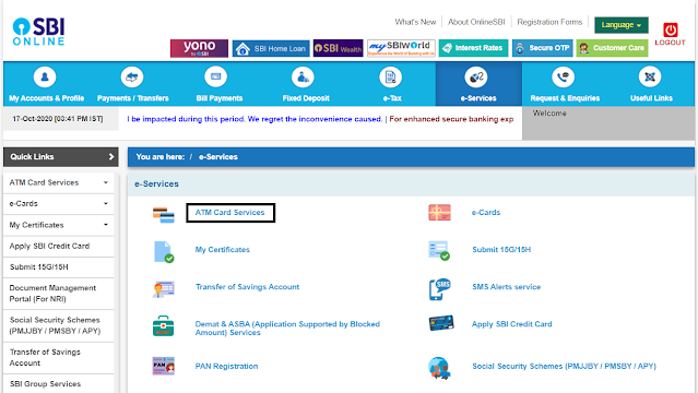 Blocking ATM card on SBI Online banking