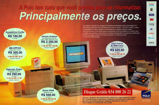 Propaganda de loja de informática com itens de alta tecnologia em 1995.