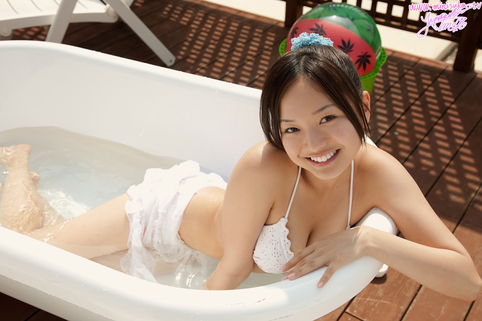 Mayumi Yamanaka Japanese Cute Idol In Sexy White Floral Swimsuit Playing Wa...