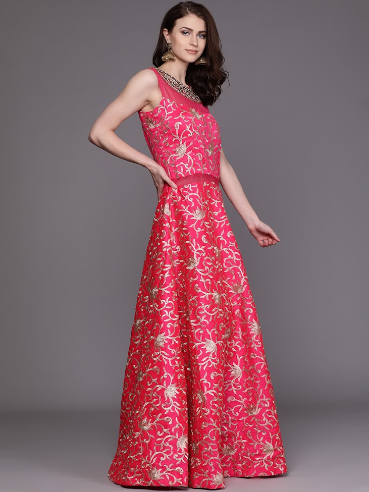 Best buy latest Pink & golden printed sleeveless cocktail gown dress ...