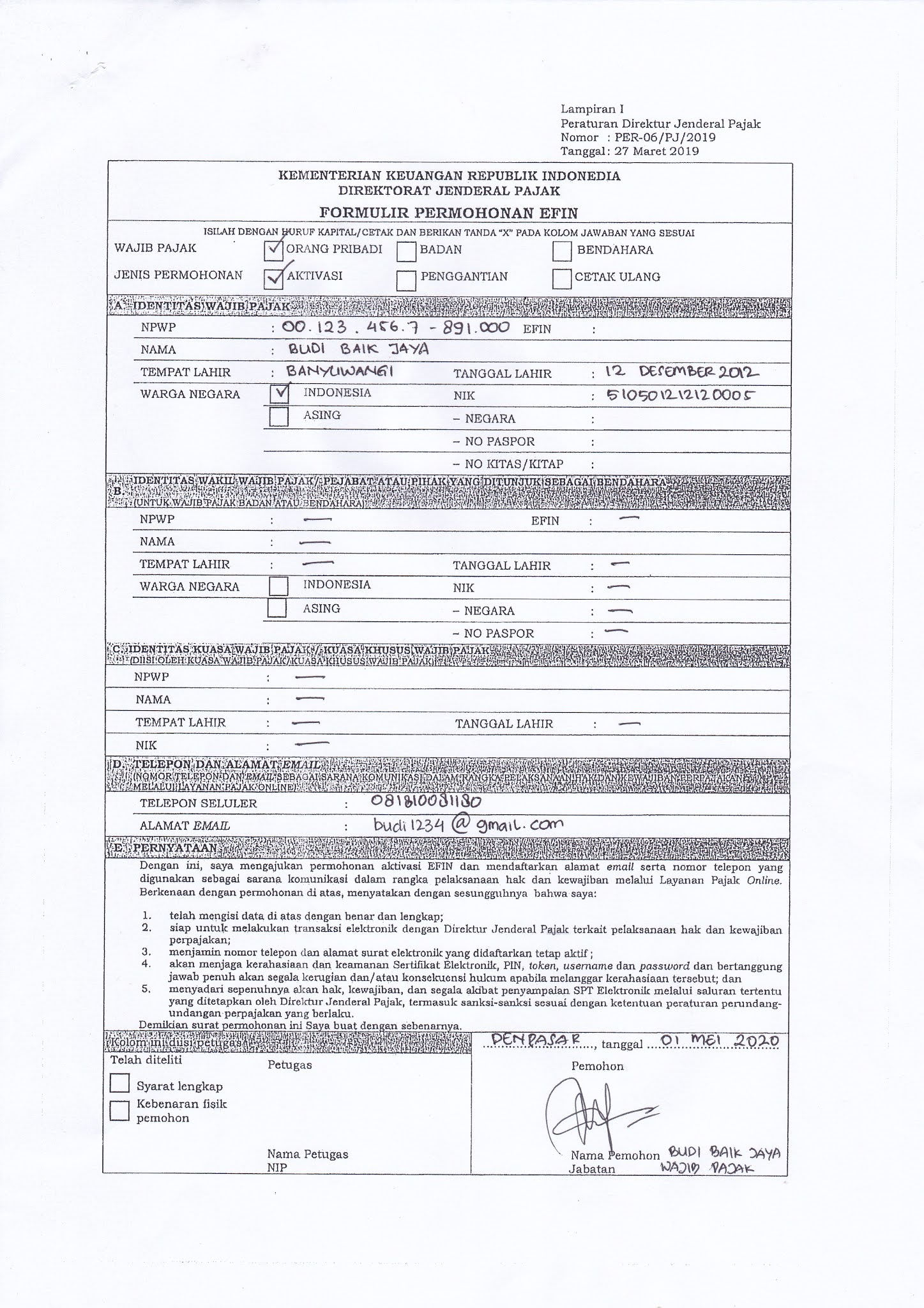 Contoh Formulir Npwp Yang Sudah Diisi