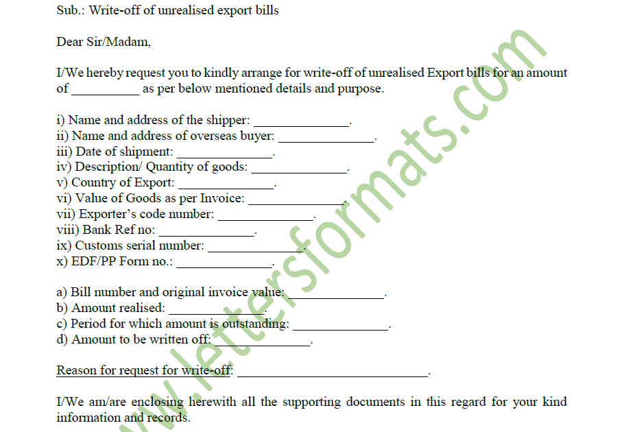 Application Letter to Bank for Write Off of Unrealised Export Bills