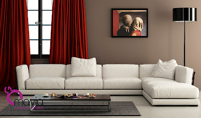 Interni 3d - Render Divani angolari moderni in tessuto bianco con penisola-arredo salotto con tenda classica in stoffa rossa,rendering 3d con Vray in Cinema 4d