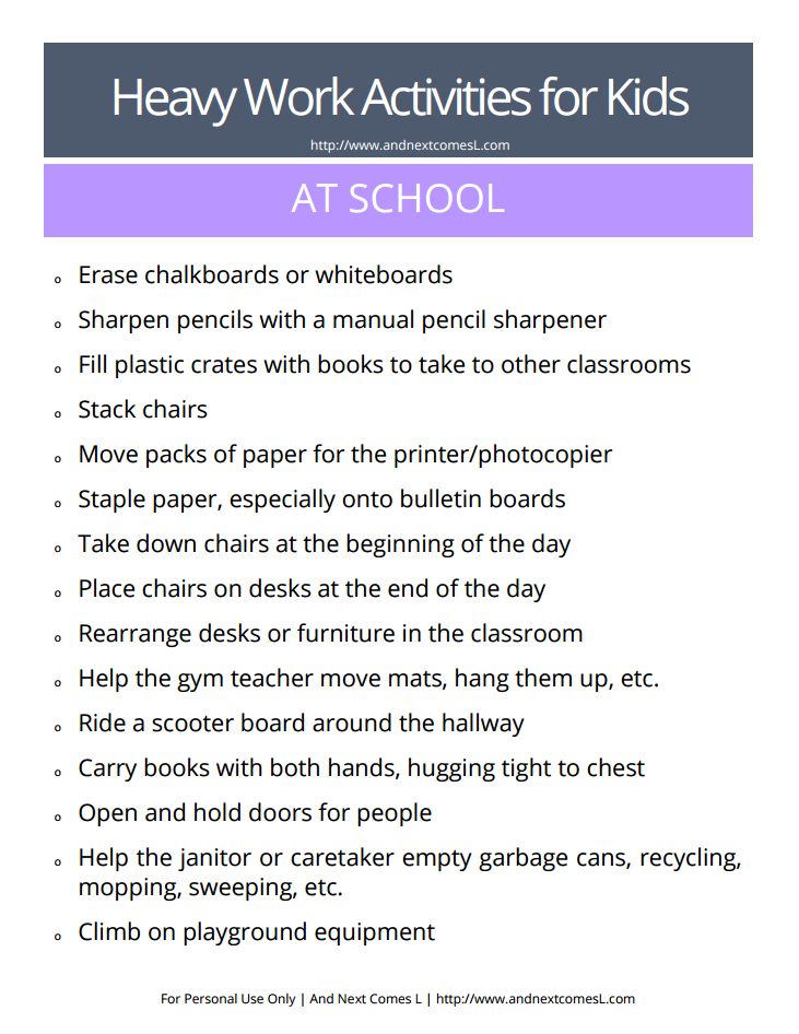 Free printable list of heavy work activities for kids to do at school or in the classroom itself