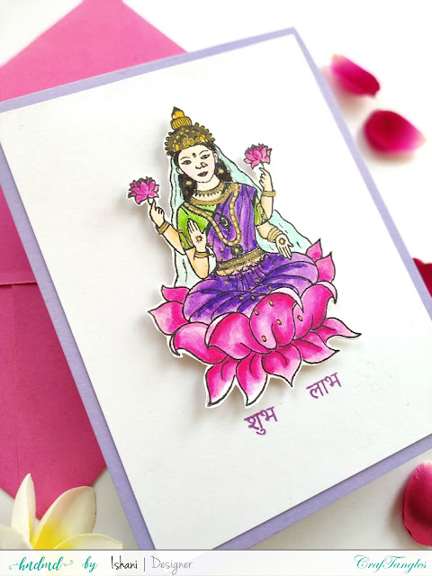 Goddess Lakshmi card, Diwali card, Hindu card,Craftangles Shubh labh stamp, Craftangles, water colouring, Zig clean colour brush pens, Quillish, 