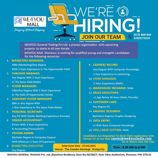 Latest Job Vacancy In Kerala 2021 Freshers Can Apply