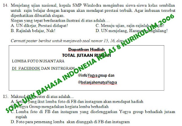 Kisi-kisi, Soal dan Kunci Jawaban UKK Bahasa Indonesia SMP Kelas 8 Kurikulum 2006 