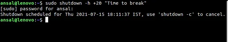 shutdown command in linux with time and message