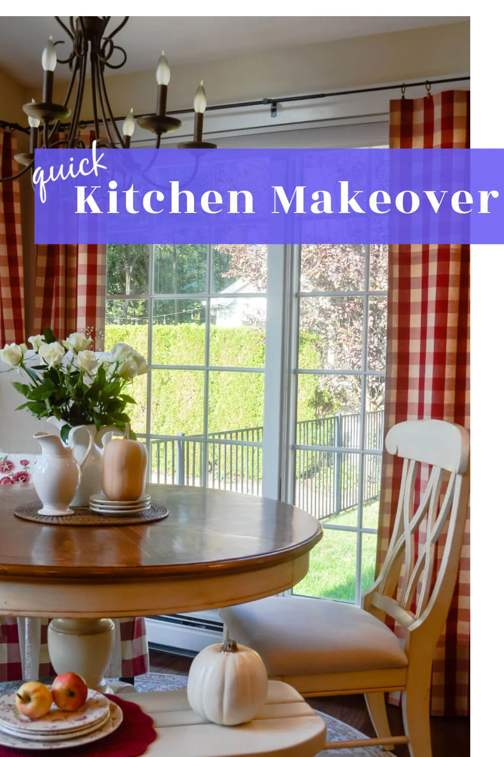 Quick Kitchen Makeover text over red and white kitchen nook